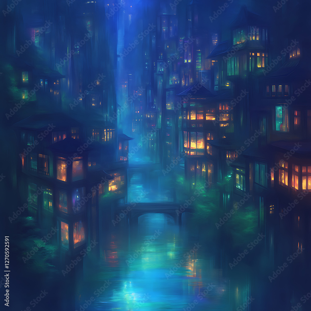 Fototapeta premium Dreamy Nocturnal Cityscape with Reflected Lights and Canal in a Quiet Urban Environment Setting