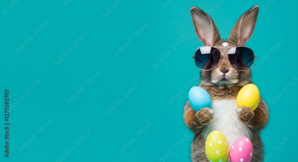 Fototapeta premium rabbit with sunglasses holding easter eggs on blue background