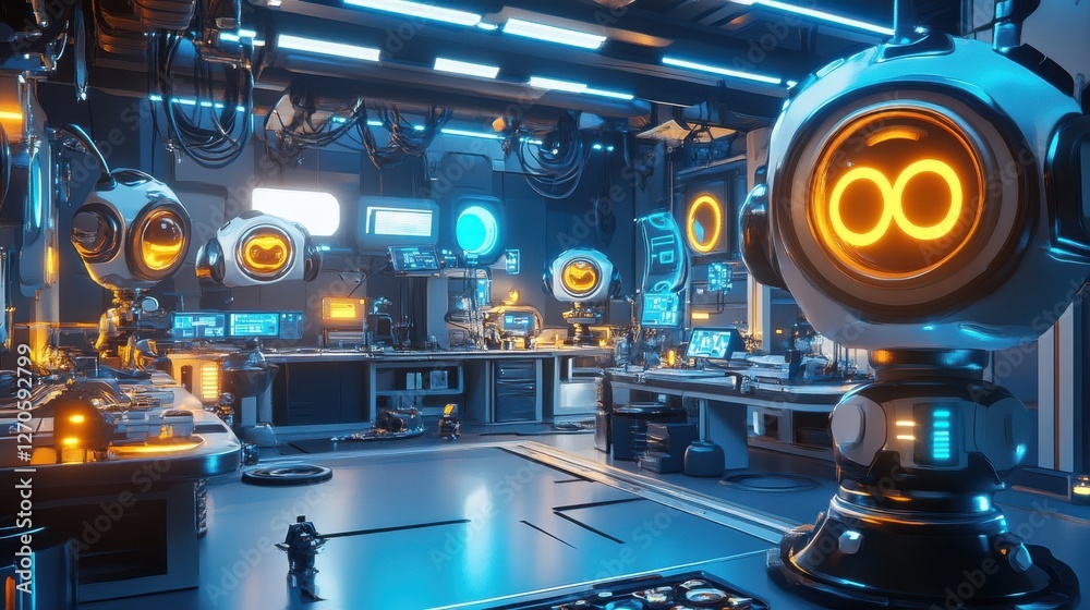 Fototapeta premium Futuristic Robotics Lab with High-Tech Equipment and Neon Lights