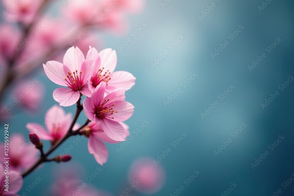 Obraz premium Delicate Pink Blossoms on a Branch Against a Soft Blue Background, a Serene Springtime Image