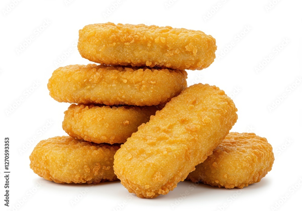A stack of crispy golden chicken nuggets isolated on a white background A stack of crispy golden chicken nuggets isolated on a white background