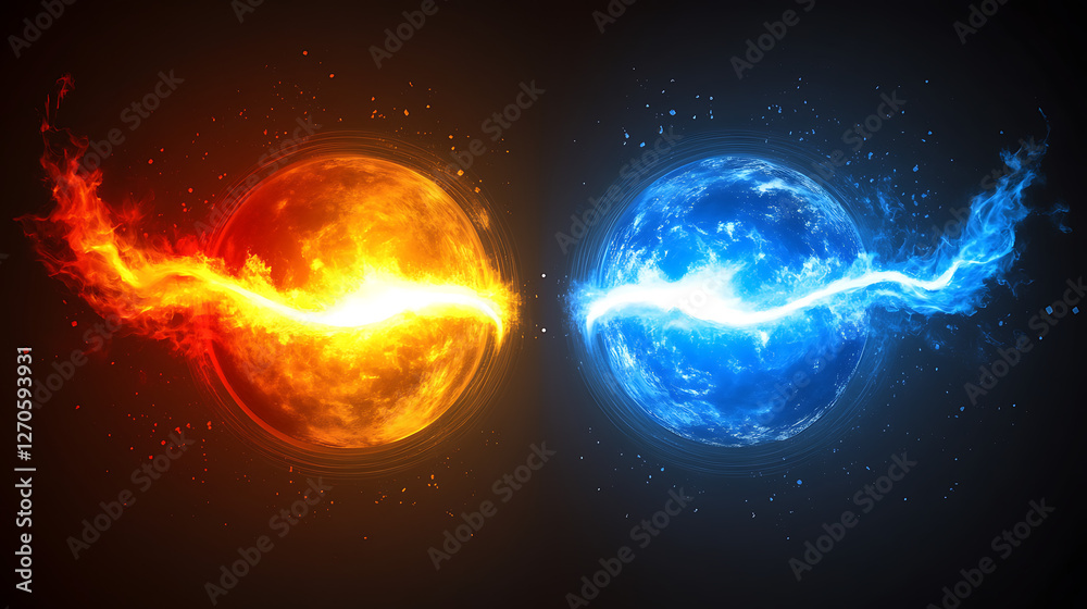 Obraz premium Dynamic Collision of Fire and Ice Spheres with Energy Transfer Phenomenon Illustration