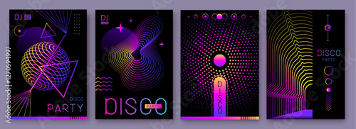 Set of retro futuristic holographic disco party posters, covers or banners with different geometric shapes. Fluorescent disco background. Flat design. Vector illustration