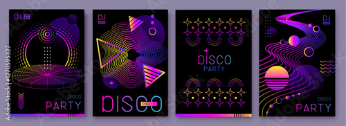 Set of retro futuristic holographic disco party posters, covers or banners with different geometric shapes. Fluorescent disco background. Flat design. Vector illustration