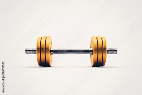 Weight lifting equipment highlighting a dumbbell with gold plates resting on a minimalist background