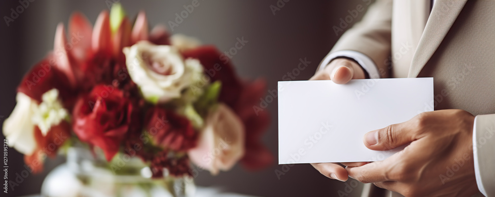 Obraz premium Elegant bouquet presentation with a man holding a blank card in a refined setting