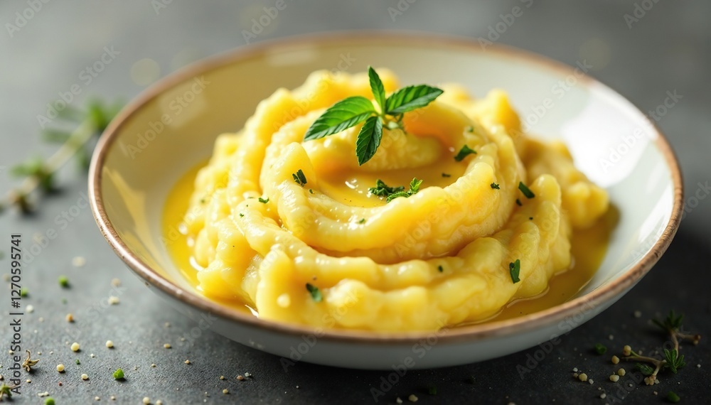 Creamy mashed potatoes topped with a rich aligot cheese sauce and fresh thyme leaves, potato dish, French speciality, creamy Creamy mashed potatoes topped with a rich aligot cheese sauce and fresh thyme leaves, potato dish, French speciality, creamy