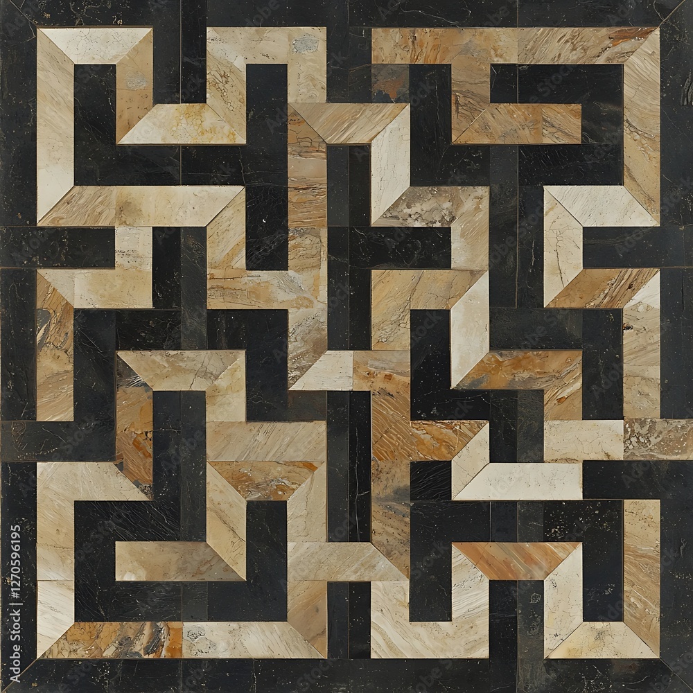 Abstract Geometric Black and Beige Marble Mosaic