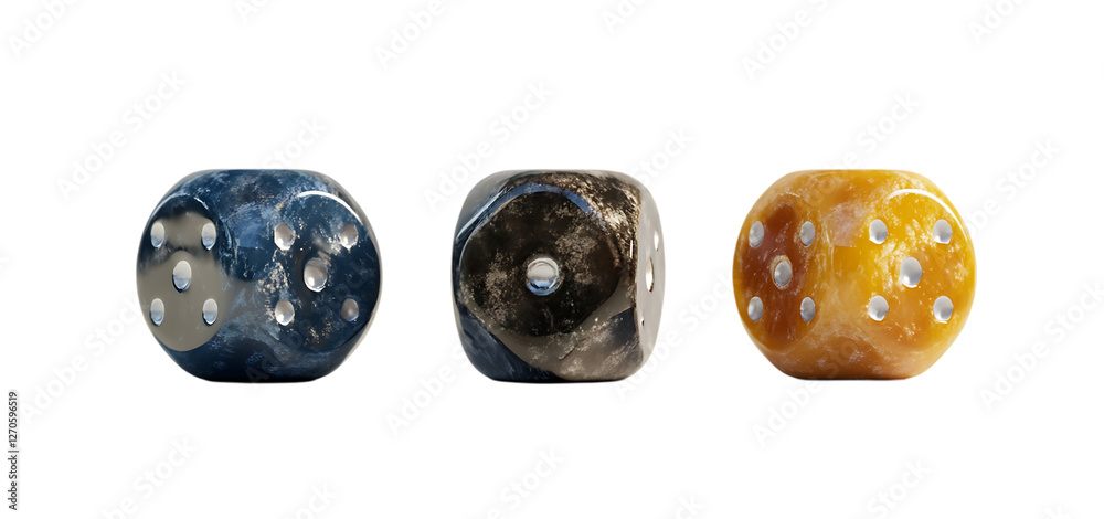 Three Realistic Dice Render 3D Model Earth Texture Game Risk Blue Gold Cube Luck Fate Game Three Realistic Dice Render 3D Model Earth Texture Game Risk Blue Gold Cube Luck Fate Game