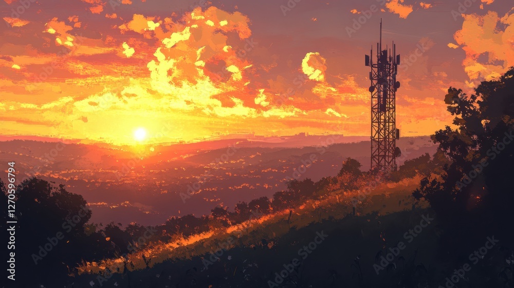 Sunset Over Hills with Communication Tower and Vibrant Sky Colors Sunset Over Hills with Communication Tower and Vibrant Sky Colors