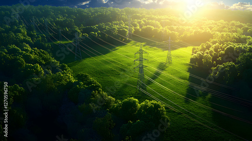 Lush Green Grassy Field with Scattered Trees Illuminated by Warm Sunlight Aerial View