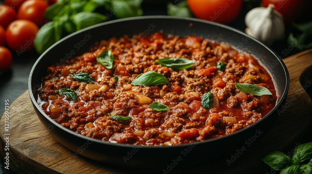 A delicious meat sauce simmering in a pan, garnished with fresh basil and tomatoes. A delicious meat sauce simmering in a pan, garnished with fresh basil and tomatoes.