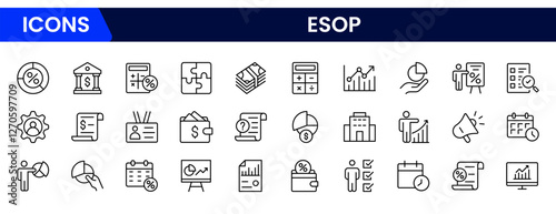 A set of line icons related to ESOP. Employee, plan, ownership, stock, profit, and so on. Outline icon collection