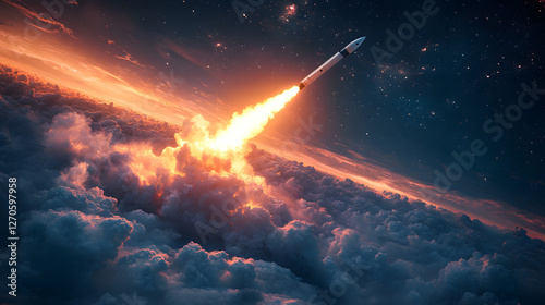 A rocket is flying through the sky, leaving a trail of smoke behind it