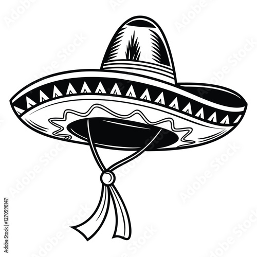 Traditional Mexican sombrero hat vector illustration in black and white line art style, featuring intricate patterns on the brim and crown, isolated on a transparent background.