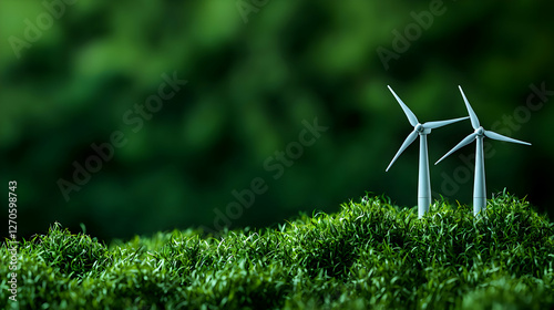Green Energy Windmills on a Grass with Soft Focus Green Background Environmentally Focused Photo