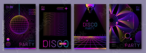 Set of retro futuristic holographic disco party posters, covers or banners with different geometric shapes. Fluorescent disco background. Flat design. Vector illustration