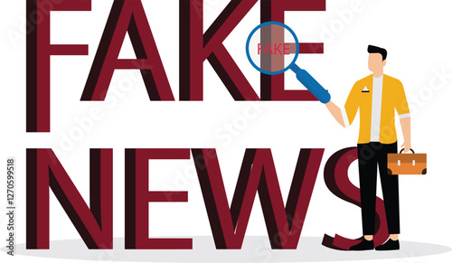A businessman uses magnify to the word news in large size and the word fake appears, illustration for fake news, hoax, illegal report, misinformation