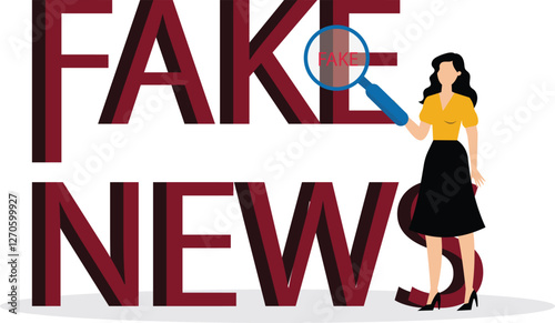 A businesswoman uses magnify to the word news in large size and the word fake appears, illustration for fake news, hoax, illegal report, misinformation