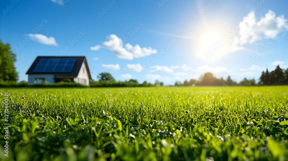 Green Grass Field Leading to House with Solar Panels Under Bright Blue Sky Green Grass Field Leading to House with Solar Panels Under Bright Blue Sky