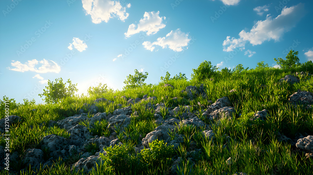 Fototapeta premium Green Hill Under Blue Sky with Fluffy Clouds on Summer Day Landscape