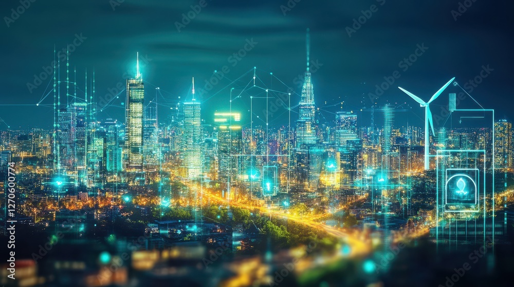 Futuristic City Skyline with Digital Overlay and Smart Technology Futuristic City Skyline with Digital Overlay and Smart Technology