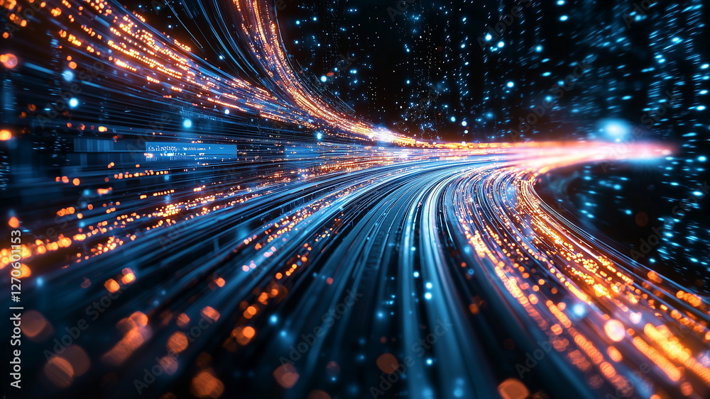 Fototapeta premium Illustration of fast data transmission, blue and orange light moving fast in a curve stream, representing bit information