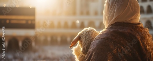 Muslim woman gazes at the Kaaba holding a sacrificial sheep