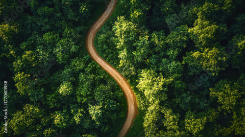 A sinuous dirt trail winding through a lush forest, seen from above