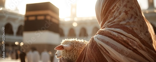 Woman holding a sheep in front of the Kaaba photo