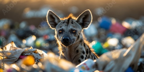 Hyena Sitting Amidst Garbage in a Wide Angle Shot Capturing Wildlife's Struggle for Survival. photo