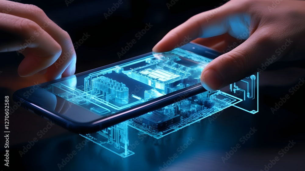A person using a transparent smartphone with a holographic display showcasing innovative digital interaction and communication through advanced intelligence and sci fi inspired design A person using a transparent smartphone with a holographic display showcasing innovative digital interaction and communication through advanced intelligence and sci fi inspired design