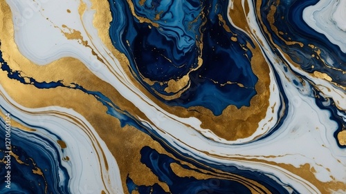 Luxury Abstract Marble Texture in Deep Blue and Gold with Fluid Swirls and Metallic Accents