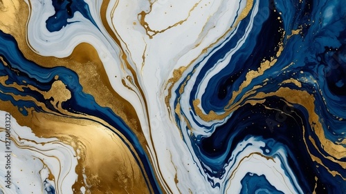 Luxury Abstract Marble Texture in Deep Blue and Gold with Fluid Swirls and Metallic Accents