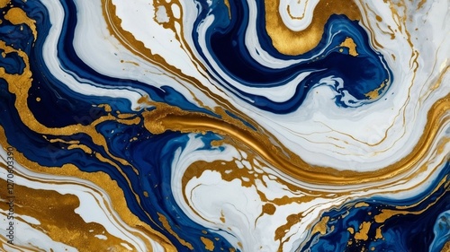 Luxury Abstract Marble Texture in Deep Blue and Gold with Fluid Swirls and Metallic Accents
