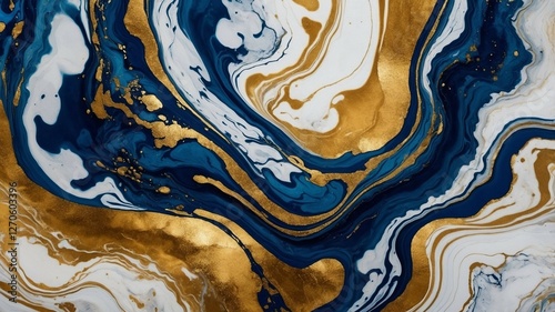 Luxury Abstract Marble Texture in Deep Blue and Gold with Fluid Swirls and Metallic Accents