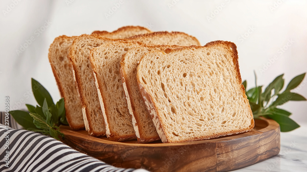Toasted bread on wooden plate with greenery
Toasted bread on wooden plate with greenery