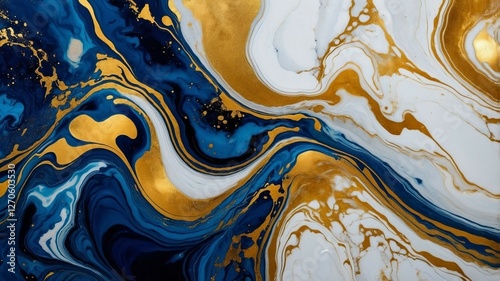 Luxury Abstract Marble Texture in Deep Blue and Gold with Fluid Swirls and Metallic Accents