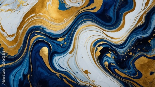Luxury Abstract Marble Texture in Deep Blue and Gold with Fluid Swirls and Metallic Accents