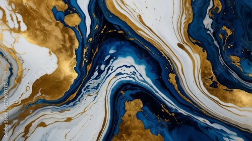 Luxury Abstract Marble Texture in Deep Blue and Gold with Fluid Swirls and Metallic Accents