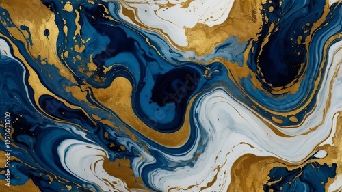 Luxury Abstract Marble Texture in Deep Blue and Gold with Fluid Swirls and Metallic Accents