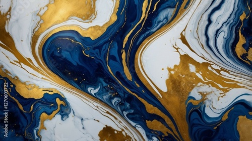 Luxury Abstract Marble Texture in Deep Blue and Gold with Fluid Swirls and Metallic Accents