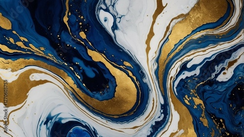 Luxury Abstract Marble Texture in Deep Blue and Gold with Fluid Swirls and Metallic Accents