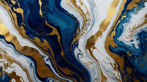 Luxury Abstract Marble Texture in Deep Blue and Gold with Fluid Swirls and Metallic Accents