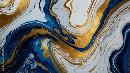 Luxury Abstract Marble Texture in Deep Blue and Gold with Fluid Swirls and Metallic Accents