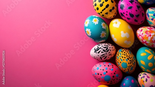 Huevos de Pascua decorados con colores vibrantes y patrones artísticos sobre fondo rosa, diseño festivo y creativo para celebrar la Semana Santa photo