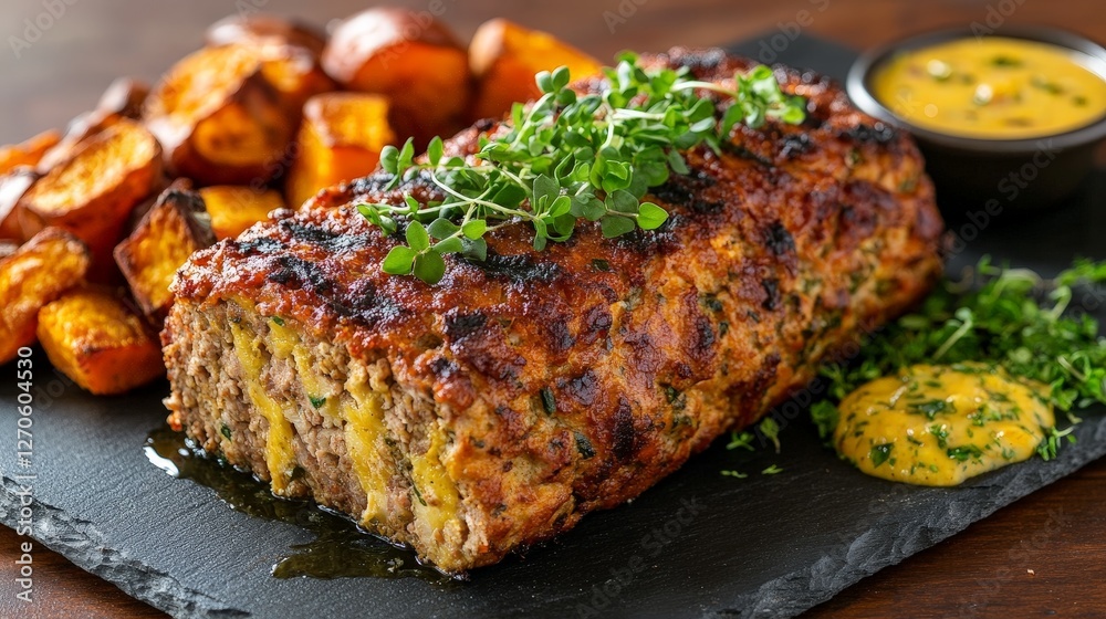 A delicious meatloaf served with roasted vegetables and mustard on a slate platter.