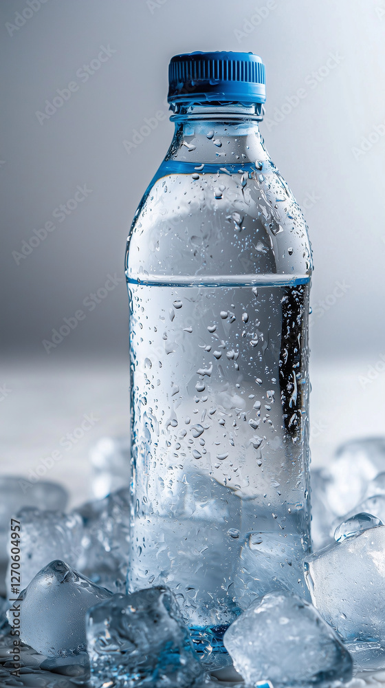 Chilled water bottle with ice and droplets
Chilled water bottle with ice and droplets