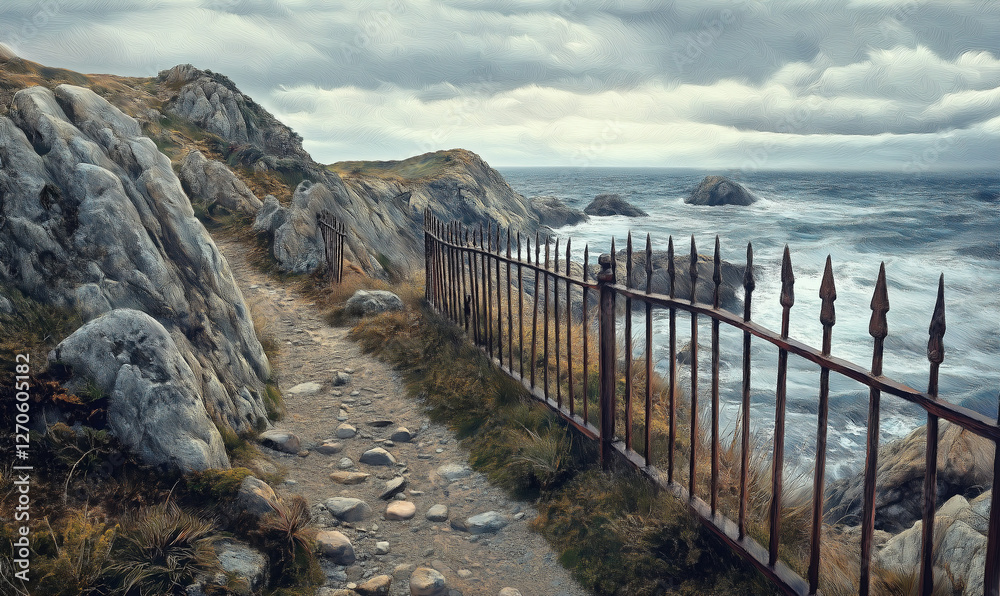 Weathered iron fence and rugged coastline with jagged rocks in scenic landscape Weathered iron fence and rugged coastline with jagged rocks in scenic landscape