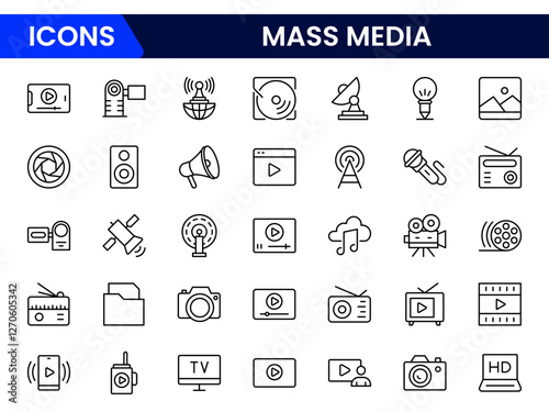 Mass media and journalism. TV show, program, news, report, video and interview.Outline icon collection.